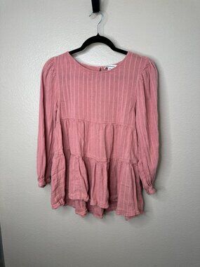 American Eagle Womens Tiered Long Sleeve Blouse S Indian Pink Cotton oversized